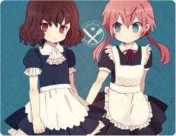  2boys ayu_(mog) blue_eyes brown_hair crossdressing inazuma_eleven_(series) inazuma_eleven_go kirino_ranmaru maid male_focus male_maid multiple_boys otoko_no_ko pink_hair red_eyes shindou_takuto short_hair tears twintails 