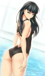  amagami ass ayatsuji_tsukasa bad_id bad_pixiv_id black_hair blue_eyes competition_swimsuit dutch_angle female from_behind long_hair looking_at_viewer looking_back one-piece_swimsuit racerback sajittari solo swimsuit water 