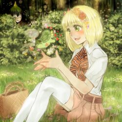  1boy :d amaimon ao_no_exorcist bad_id bad_pixiv_id black_hair blonde_hair bush commentary_request fairy female flower foliage green_eyes hair_flower hair_ornament hairband heart kaede_(kaedere) lowres moriyama_shiemi nii_(ao_no_exorcist) open_mouth sitting skirt smile thighhighs 