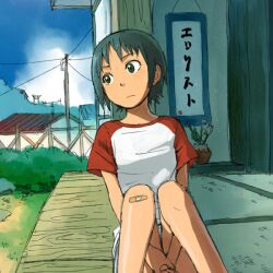  aqua_hair bandaid bandaid_on_knee bandaid_on_leg commentary_request female green_eyes hands_under_legs naotan original plant potted_plant raglan_sleeves sitting solo translated 