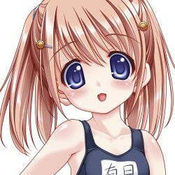  arizuki_shiina artist_request blue_eyes blush brown_hair female hair_ornament hairclip kud_wafter little_busters! lowres one-piece_swimsuit portrait quad_tails school_swimsuit short_hair solo swimsuit 