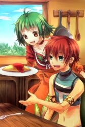  1boy armlet blue_eyes brown_eyes choker commentary_request crop_top cropped_jacket dress farah_oersted female food frying_pan green_hair indoors kitchen kontore midriff orange_dress plate red_choker red_hair reid_hershel short_hair smile spoon tales_of_(series) tales_of_eternia utensil_rack 