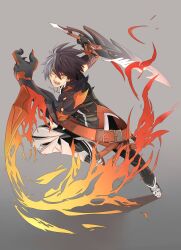  1boy angry bad_id bad_pixiv_id belt black_hair coat elsword full_body fullluv gloves grey_background grey_hair male_focus mechanical_arms multicolored_hair pants raven_cronwell reckless_fist_(elsword) shoes single_mechanical_arm solo streaked_hair sword two-tone_hair weapon yellow_eyes 