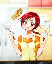  apron blush commentary_request cooking eyelashes female flipping_food food griddle hair_ornament hino_akane_(smile_precure!) kagami_chihiro okonomiyaki open_mouth orange_shirt paper ponytail precure red_eyes red_hair shirt sleeves_rolled_up smile_precure solo spatula 