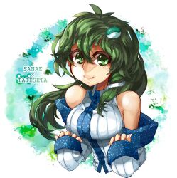  adapted_costume bad_anatomy bad_id bad_pixiv_id bare_shoulders detached_sleeves female frog_hair_ornament green_eyes green_hair hair_ornament himuro_shunsuke kochiya_sanae long_hair ribbed_sweater smile snake solo sweater touhou upper_body 