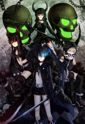  4girls bad_id bad_pixiv_id bikini bikini_top_only black_gold_saw black_hair black_rock_shooter black_rock_shooter_(character) black_shorts blue_eyes boots chains coat dead_master flaming_eye glowing glowing_eye green_eyes highres hood horns iceky king_saw long_hair mechanical_arms midriff multiple_girls navel no_shirt pale_skin photoshop_(medium) red_eyes short_hair shorts single_mechanical_arm smile strength_(black_rock_shooter) swimsuit sword twintails weapon white_hair 