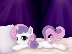  4:3 abstract_background bed equid equine female feral friendship_is_magic furniture green_eyes hair hasbro hi_res horn lying mammal multicolored_hair my_little_pony mythological_creature mythological_equine mythology pillow pink_hair purple_hair quadruped rainbow_(artist) simple_background solo sweetie_belle_(mlp) tail two_tone_hair unicorn white_body young young_feral 