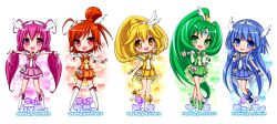  5girls aoki_reika blue_skirt boots bow character_name chibi choker commentary_request cure_beauty cure_happy cure_march cure_peace cure_sunny green_shorts green_skirt group_picture hair_flaps heart heart_background hino_akane_(smile_precure!) hoshizora_miyuki knee_boots magical_girl midorikawa_nao multiple_girls orange_choker orange_skirt pink_bow pink_shorts pink_skirt platinum_fantasia precure rainbow_order red_shorts shorts shorts_under_skirt skirt smile_precure yayoi_kise yellow_bow yellow_shorts yellow_skirt 