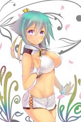  aqua_hair aquarion_(series) aquarion_evol bad_id bad_pixiv_id bare_shoulders breasts cleavage cleavage_cutout clothing_cutout cross-laced_clothes cross-laced_shorts cross-laced_slit female groin hair_ribbon large_breasts looking_at_viewer magister midriff navel no_panties photoshop_(medium) purple_eyes ribbon short_hair short_shorts shorts smile solo white_shorts wrist_cuffs zessica_wong 