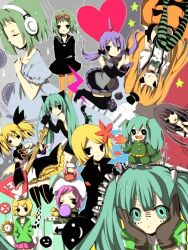  6+girls animal_ears blonde_hair brown_hair cat_ears cat_tail closed_eyes commentary_request goggles goggles_on_head green_hair guitar gumi hands_in_pockets hat hatsune_miku heart highres instrument kagamine_rin long_hair looking_at_viewer matryoshka_(vocaloid) megurine_luka megurine_luka_(toeto) melancholic_(vocaloid) microphone mini_person minigirl mrs.pumpkin_no_kokkei_na_yume_(vocaloid) multiple_girls panda_hero_(vocaloid) purple_hair roshin_yuukai_(vocaloid) short_hair smile song_request star_(symbol) striped_clothes striped_thighhighs tail thighhighs toeto_(vocaloid) twintails vocaloid yowamushi_mont-blanc_(vocaloid) yumemomosaka 