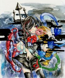  asymmetrical_wings commentary_request female grin houjuu_nue one_eye_closed painting_(medium) polearm red_eyes skirt smile snake solo thighhighs tiger touhou traditional_media trident tugumi0w0 watercolor_(medium) weapon wings 