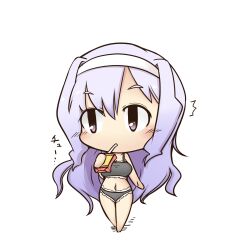  bikini chibi commentary_request dekasudachin drinking drinking_straw female hairband idolmaster idolmaster_(classic) juice_box long_hair navel purple_eyes purple_hair shijou_takane solo standing swimsuit 