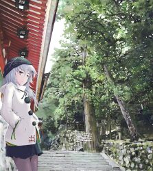  adapted_costume against_wall alternate_headwear beanie black_pantyhose coat contemporary female grey_eyes grey_hair hands_in_pockets hat long_hair looking_at_viewer mononobe_no_futo nature outdoors pantyhose pleated_skirt skirt solo stairs takanashi_akihito temple touhou tree 