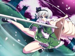  bare_legs black_footwear black_hairband blue_eyes cherry_blossoms commentary_request dual_wielding dutch_angle female fighting_stance foreshortening frilled_skirt frills green_skirt grey_hair hairband highres holding incoming_attack katana konpaku_youmu legs mary_janes outdoors petals shirt shoes short_hair short_sleeves skirt socks solo sword toron_(mino106) touhou weapon white_hair white_shirt 