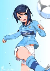  ball blue_eyes blue_hair blush_stickers dated female foreshortening hair_ornament hairclip idolmaster idolmaster_dearly_stars inoue_sora j._league jubilo_iwata kicking midriff_peek mizutani_eri open_mouth photoshop_(medium) short_hair shorts signature sleeves_past_wrists smile soccer soccer_ball soccer_uniform socks solo sportswear tango_(soccer_ball) thighs white_shorts 