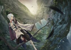  akai_kitsune bad_id bad_pixiv_id bird blue_eyes female hat highres japanese_clothes original pink_hair sandals short_hair sky solo tengu tree water waterfall white_hair 