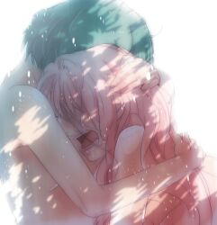  2girls blonde_hair commentary_request crying gen_(enji) green_hair hug long_hair macross macross_frontier multiple_girls open_mouth photoshop_(medium) ranka_lee sheryl_nome short_hair tears topless 