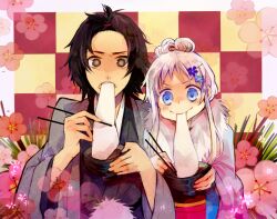  1boy ano_hi_mita_hana_no_namae_wo_bokutachi_wa_mada_shiranai. black_hair blue_eyes bowl brown_eyes chopsticks commentary_request eating female flower food fur grey_hair hair_flower hair_ornament honma_meiko japanese_clothes kimono mochi mochi_trail new_year nozaki_tsubata wagashi yadomi_jinta 