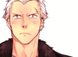  1boy barbell_piercing blush commentary crew_cut delinquent ear_piercing earrings fur_trim goodbye grey_eyes jewelry looking_at_viewer male_focus nose_piercing persona persona_4 photoshop_(medium) piercing saeuchobab scar solo tatsumi_kanji tears white_hair widow&#039;s_peak 