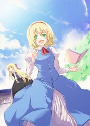  alice_margatroid apron arm_up ascot black_dress blonde_hair blue_dress blue_sky book bow cloud commentary_request day doll dress female floating floating_object green_hair hair_ribbon hairbow lefthand long_hair open_mouth ribbon shanghai_doll shirt short_hair sky smile solo touhou 