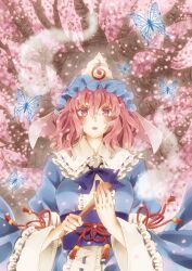  bad_id bad_pixiv_id breasts bug butterfly cherry_blossoms female folded_fan folding_fan ghost hand_fan hat hitodama japanese_clothes kyouda_suzuka large_breasts obi open_mouth petals pink_eyes pink_hair saigyouji_yuyuko sash short_hair smile solo touhou tree triangular_headpiece 