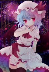  ascot bat_wings blue_hair blush brooch brown_thighhighs commentary_request dress female finger_to_mouth hat hat_ribbon jewelry kokorominton pink_dress red_eyes remilia_scarlet ribbon sash silk solo spider_web thighhighs third_eye touhou wings zettai_ryouiki 