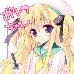  blonde_hair blue_eyes borrowed_character commentary_request female hat long_hair lowres original pen photoshop_(medium) sakura_hanpen school_uniform serafuku shimotsuki_potofu smile solo two_side_up 