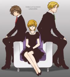  2boys audrey_burne bad_id bad_pixiv_id banagher_links black_gloves blonde_hair blue_eyes brown_eyes brown_hair copyright_name female formal gloves green_eyes gundam gundam_unicorn jewelry mineva_lao_zabi multiple_boys necklace purple_eyes redpipin riddhe_marcenas short_hair sitting suit 