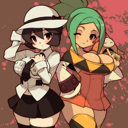  2girls aqua_hair bad_id bad_pixiv_id bare_shoulders black_hair blush breasts cerebella_(skullgirls) cleavage curvy detached_sleeves filia_(skullgirls) hat hip_focus large_breasts miniskirt multiple_girls nail_polish nama_(tadpole) navel necktie one_eye_closed red_eyes skirt skullgirls thick_thighs thighhighs thighs vice-versa_(skullgirls) wide_hips 