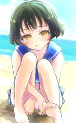  akizuki_ryou antenna_hair bad_id bad_pixiv_id bare_shoulders barefoot beach bikini blush brown_eyes brown_hair crossdressing idolmaster idolmaster_dearly_stars kasu1192 male_focus otoko_no_ko sailor_bikini sailor_collar sailor_swimsuit_(idolmaster) short_hair sitting solo swimsuit 