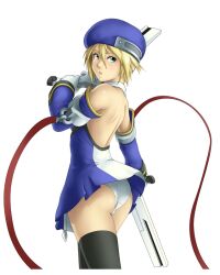  aqua_eyes ass back backless_dress backless_outfit bare_shoulders black_thighhighs blazblue blonde_hair bolverk detached_sleeves dress dual_wielding female from_behind gloves gun handgun hat holding looking_back noel_vermillion panties photoshop_(medium) short_hair simple_background solo thighhighs thor_(deep_rising) underwear weapon white_gloves white_panties 