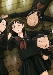  4girls black_hair braid brown_eyes brown_hair closed_eyes commentary_request freckles hair_ornament hairclip lying multiple_girls naotan on_back one_eye_closed original outstretched_arms saliva school_uniform skirt sleeping twin_braids 