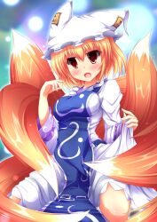  blonde_hair blush breasts brown_eyes commentary_request female fox_tail hat highres liya medium_breasts multiple_tails photoshop_(medium) short_hair sitting solo tabard tail touhou wariza yakumo_ran 