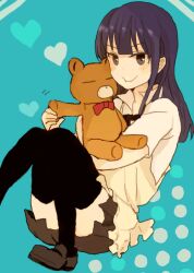  apron bad_id bad_pixiv_id black_hair brown_eyes commentary_request daisy_(working!!) female hug long_hair rin_(emmy00) stuffed_animal stuffed_toy teddy_bear thighhighs working!! yamada_aoi 