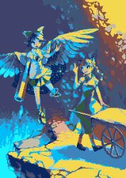  2girls arm_cannon bow cart commentary_request eye_contact fire flying hairbow kaenbyou_rin looking_at_another lowres multiple_girls otnweo pixel_art pushcart reiuji_utsuho touhou weapon wings 