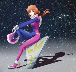  bad_id bad_pixiv_id brown_hair female gundam gundam_unicorn helmet long_hair looking_at_viewer machinosuke marida_cruz orange_hair pilot_suit ponytail purple_eyes shadow sitting sitting_on_object solo star_(symbol) unworn_headwear unworn_helmet 