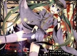  aircraft blue_eyes commentary_request egasumi female finger_gun flask_(pandora) furisode_sleeves gloves green_hair gunship hat hatsune_miku helicopter highres long_hair medal open_mouth peaked_cap pinwheel sayagata seigaiha senbonzakura_(vocaloid) skirt solo thighhighs twintails very_long_hair vocaloid 