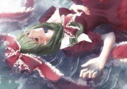  arm_up bad_id bad_pixiv_id breasts bug butterfly cleavage dress female front_ponytail green_eyes green_hair hair_ribbon hand_on_own_stomach hands kagiyama_hina kyouda_suzuka lying medium_breasts on_back red_dress ribbon solo touhou water 