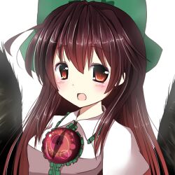  :d black_wings brown_eyes brown_hair commentary_request female long_hair open_mouth ramudia_(lamyun) reiuji_utsuho simple_background smile solo third_eye touhou white_background wings 