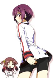  2girls =_= aikawa_kiyoka bike_shorts brown_eyes commentary_request infinite_stratos itamochi multiple_girls nohotoke_honne photoshop_(medium) purple_hair short_hair uniform 