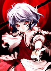  arm_up ascot bad_id bad_pixiv_id blood blood_on_clothes blood_on_face blue_hair chikado colorized come_hither dress dripping female full_moon hands layered_sleeves long_sleeves mizusaki_(tengoku) moon no_headwear polearm red_dress red_eyes red_moon remilia_scarlet sash short_hair short_over_long_sleeves short_sleeves smile solo touhou weapon 