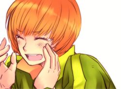  blush bob_cut brown_hair closed_eyes commentary female goodbye jacket open_mouth persona persona_4 photoshop_(medium) saeuchobab satonaka_chie short_hair smile solo tears track_jacket 