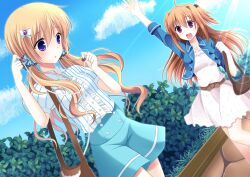  2girls :d agekichi_(heart_shape) ahoge arm_up bad_id bad_pixiv_id bag belt blue_shorts blue_sky blush bow brown_belt brown_bow brown_hair cassini_m_bisuko center_frills cloud criss-cross_halter crop_top day dress dress_shirt dutch_angle earbuds earphones earphones_removed eyes_visible_through_hair floral_print frills grass hair_between_eyes hair_intakes hair_ornament hair_scrunchie hairbow halterneck holding holding_earphones kuu_(agekichi) light_brown_hair light_rays long_hair looking_down low_twintails multiple_girls open_mouth original outdoors plant puffy_short_sleeves puffy_sleeves purple_eyes scrunchie shirt short_sleeves shorts shoulder_bag sky sleeves_rolled_up smile striped_clothes striped_shirt sunbeam sunlight twintails vertical_stripes waving wavy_hair white_bow 