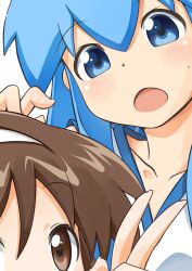  2girls blue_eyes blue_hair brown_eyes brown_hair commentary_request hairband ikamusume long_hair multiple_girls nagatsuki_sanae naono out_of_frame photoshop_(medium) shinryaku!_ikamusume short_hair 