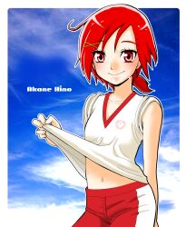  character_name cloud collarbone commentary_request eyelashes female gym_shorts hair_ornament hairclip highres hino_akane_(smile_precure!) midriff navel ponytail precure red_eyes red_hair red_shorts satou_ramune shorts sleeves_rolled_up smile smile_precure solo sportswear sweat volleyball_uniform 