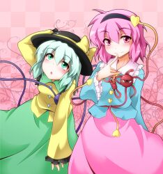  2girls commentary_request eyeball finger_to_mouth green_eyes green_hair hairband hand_on_headwear hat heart highres komeiji_koishi komeiji_satori multiple_girls pink_eyes pink_hair pink_skirt short_hair siblings sisters skirt smile third_eye touhou yoshihiro-m 