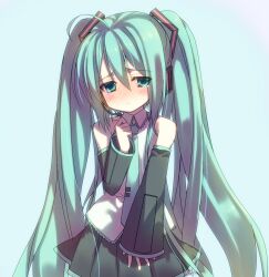  ahoge aqua_eyes aqua_hair bad_id bad_nicoseiga_id blush detached_sleeves female hatsune_miku head_tilt headset highres long_hair necktie simple_background skirt solo tahya tears twintails very_long_hair vocaloid 