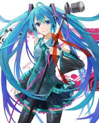  ahoge aqua_eyes aqua_hair bad_id bad_pixiv_id detached_sleeves female hatsune_miku headphones kuromamechabita long_hair microphone microphone_stand necktie skirt smile solo thighhighs twintails very_long_hair vocaloid 