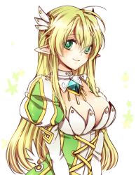  bad_id bad_pixiv_id blonde_hair breasts corset detached_collar elsword female grand_archer_(elsword) green_eyes large_breasts limble long_hair pointy_ears puffy_sleeves rena_erindel smile solo white_background 