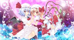  2girls :o ascot bad_id bad_pixiv_id bat_wings black_thighhighs blonde_hair blue_flower blue_hair blue_rose blush bow brooch bug butterfly flandre_scarlet flower full_moon hat hat_bow holding_hands interlocked_fingers jewelry moon multiple_girls oerba_yun_fang open_mouth photoshop_(medium) red_eyes remilia_scarlet rikatan rose short_hair siblings side_ponytail sisters skirt skirt_set thighhighs touhou white_legwear wings 